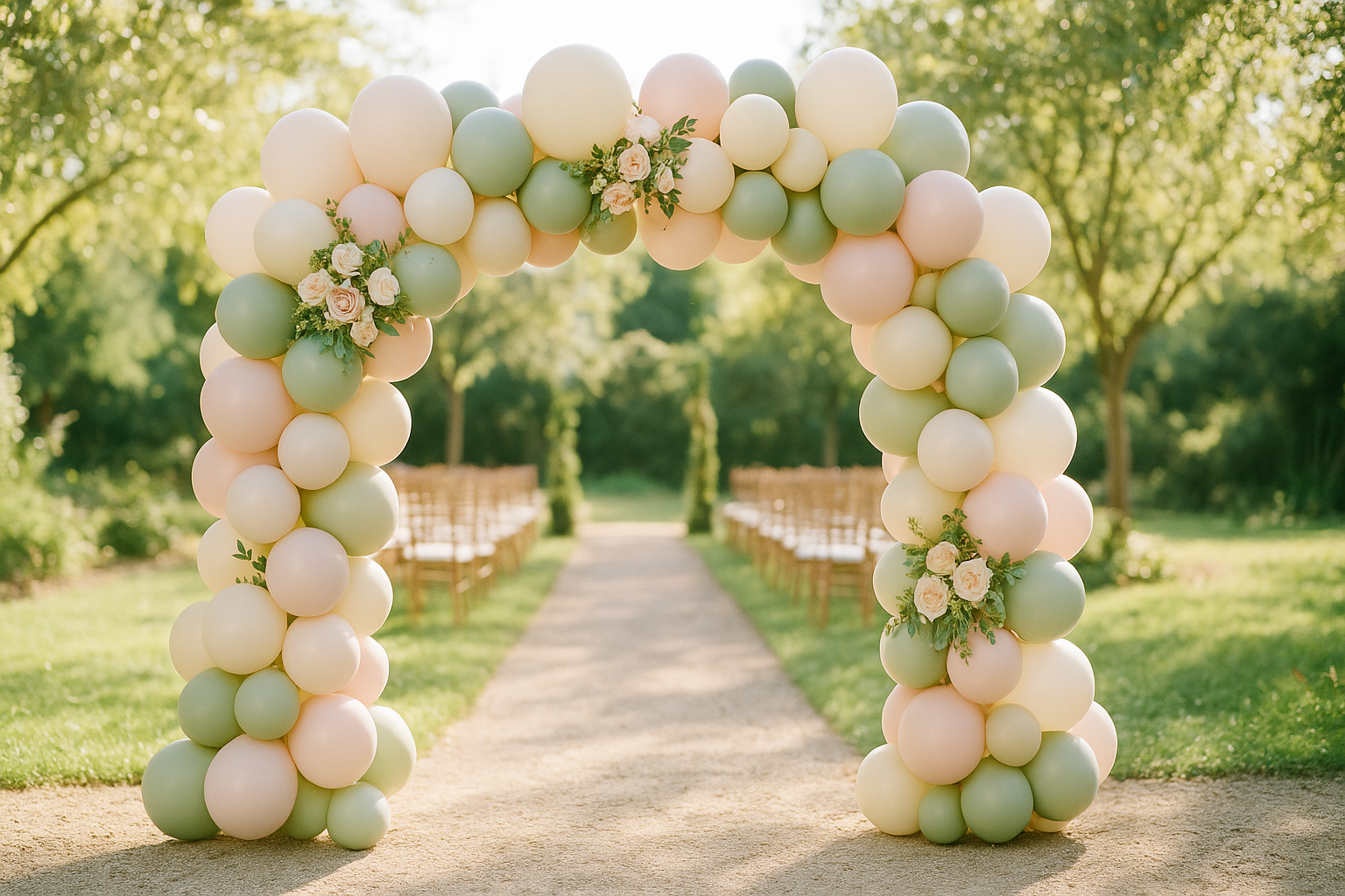 Arco de globos orgánico en tonos pastel como entrada de boda